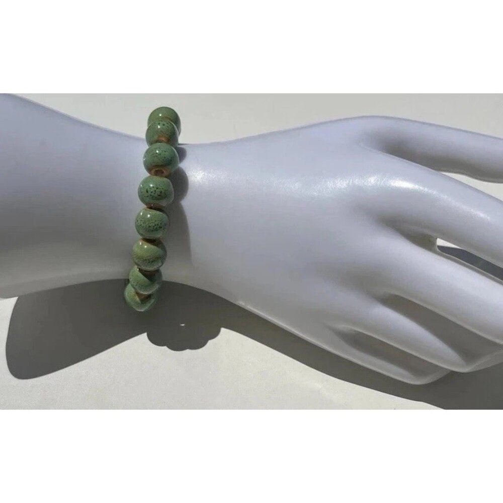 Vintage Green Ceramic Beads Beaded Round Bracelet Women’s Size 6” Estate